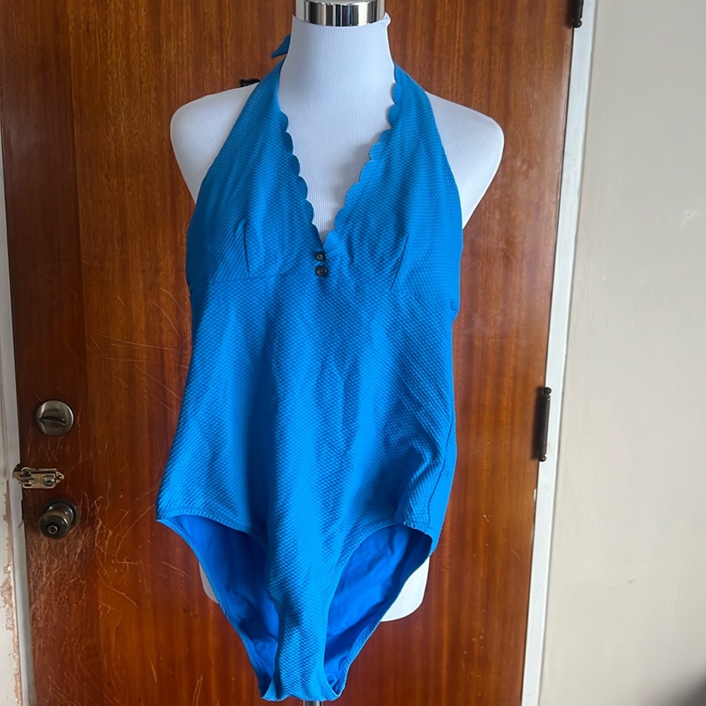 Heidi Klein Blue Textured Scalloped One Piece Bathing Suit